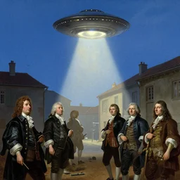 ufo appearing in the blue sky above old city casting light. by henriette ronner - knip, by william henry hunt, by rembrandt, by joseph mallord william turner, by konstantin razumov, concept art,