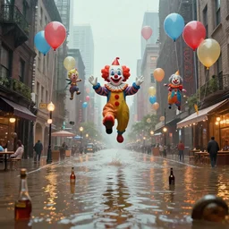 the streets of the city are flooded with alcohol, clowns floating on balloons, hyper detailed, masterpiece, artstation, advanced lighting technology, stylized yet realistic surrealism, 4 k wallpaper