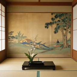 “ tatami room, ikebana, traditional japanese scroll art with summer theme ”