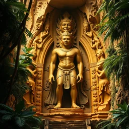 8 k high definition vintage photo of a sculpture made of gold in the jungle, beautiful great arches and detail, architecture carved for a titan
