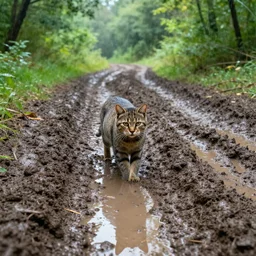 cat on a muddy track surrounded by woodland, with puddles and tyre prints in the thick wet mud, in the showering summer morning light, high resolution detailed realistic cinematic matte painting by raphael lacoste, andreas rocha, john harris, and david hocknet