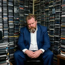 dslr photo still of infowars host alex jones in a blue suit fat beard and mustache sitting depressed in a room filled to the ceiling with cell phones stacks of cell phones cell phones stacks cell phones filling the entire room, 5 2 mm f 5. 6