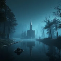 a photo of a dream world, forest, river, skull, church, dark lighting, reflective surface, unreal engine