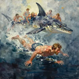 abstract watercolor painting of a swimming prehistoric caveman to escape plesiosaurus, paint brush strokes, art by hans dahl, jesper ejsing, anders zorn, greg rutkowski, greg manchess, wonderful masterpiece, cinematic light, american romanticism