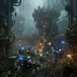 an overgrown research facility in a foggy environment with computers, and colored lights still functioning | intricate detail, microdisplacement, elaborate design, cgi, volumetric lighting, global illumination