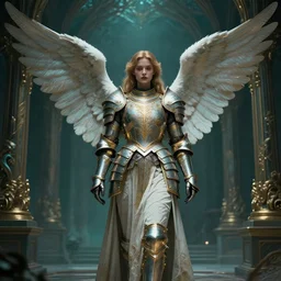 angel, big wings, low key light, full plate armor with cloth, f 1 6, bokeh, medium portrait, gentle, female, ornate city ruins, landscape, d & d, fantasy, intricate, elegant, highly detailed, teal white gold color palette, roger deakins, sharp focus, concept art, greg rutkowski and alphonse mucha