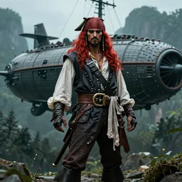 sky-pirate with long red hair standing in front of an airship, realistic, ultra detailed, menacing, powerful, dark, shallow focus, forest, mountains in the background concept art design as if designed by Wētā Workshop