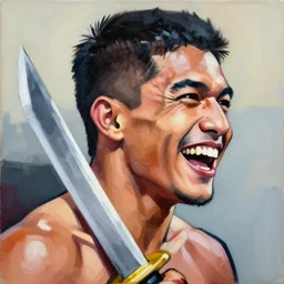 greg manchess portrait of a laughing filipino mma fighter with a sword laughter, profile picture, organic painting, sunny day, matte painting, bold shapes, hard edges, street art, trending on artstation, by huang guangjian, gil elvgren, ruan jia, randy vargas, greg rutkowski