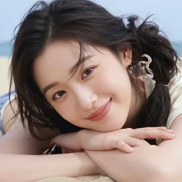 color still shot of famous young woman celebrity relaxing on the beach, face closeup, smiling