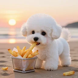 a photorealistic image of a knitted white bichon puppy eating basket of french fries during sunset at the beach Trending on artstation, featured on Behance, well-rendered, Unreal Engine, 4K HD