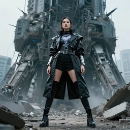 portrait _ of _ an _ absurdly _ beautiful _ graceful _ sophisticated _ fashionable _ cyberpunk _ mechanoid _ techwear _ standing _ infront _ of _ a _ huge _ brutal _ con
