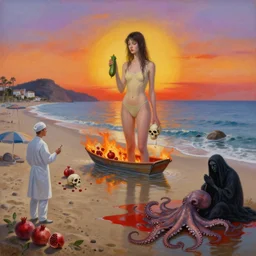painting of sunrise, a flooded spanish art gallery in marbella beach, death, a tall emo girl, holding a courgette, skull, sand, beach umbrellas, rocks by the sea, island, surgeon, pomegranates, burning raft, floodwaters, the grim reaper, octopus, sensual, puddles of red, zen, surrealist, by magritte and monet