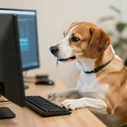 a dog fixing a computer