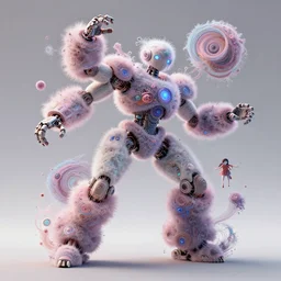 a fluffy cyberpunk robot fractal, dynamic pose:: by Martine Johanna and Simon Stålenhag and Chie Yoshii and Casey Weldon and Guillermo del toro :: ornate, dynamic, particulate, pastel colors, intricate, elegant, highly detailed, centered, artstation, smooth, sharp focus, octane render, 3d