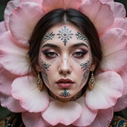 portrait of a flower priestess with face tattoos, sylvain sarrailh, macro, sony fe 6 0 0 mm f 4. 0 gm oss