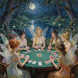 a group of gracious fairies with wings playing cards!! on a blackjack table in an atmospheric moonlit forest next to a beautiful pond filled with water lilies, artwork by ida rentoul outhwaite