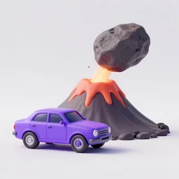 a volcano blowing a purple car away with a big volcanic rock in 3 d, digital art