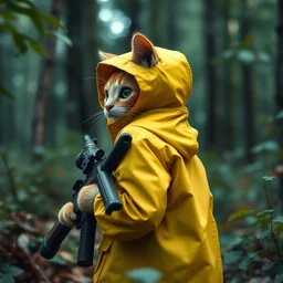 portait of a cute humanoid cat soldier wearing a yellow raincoat, venturing through a dense forest, carrying a rifle. realistic 4 k octane render, epic composition, magical atmosphere, ultra hd, masterpiece by petros afshar, trending on artstation, looking back over shoulder, pastel colors, extremely detailed, gorgeous