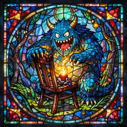 stained glass!!, monster eating a chair, infographic with illustrations!!!, glowing lights, epic fantasy, colorfully, digital art, highly saturated colors, concept art, detailed illustration, hd, 4 k, digital art, greg rutkowski, dan mumford, studio ghibli trending on artstation
