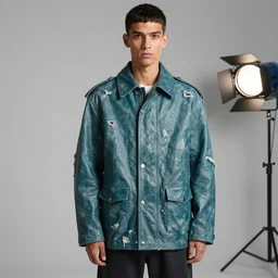 an award - winning photo of a male model wearing a baggy teal distressed medieval leather menswear field jacket by issey miyake, 4 k, studio lighting, wide angle lens