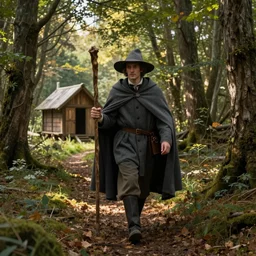 a man in a grey cloak and brimmed hat with a staff travelling trough the forest with a wooden cabin in the distance in the style of neo-romanticism