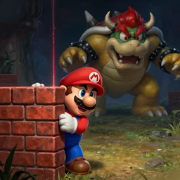 man super mario is in silent hill, hiding behind a brick wall, from a gigantic demon bowser in the distance, dark mood, highly detailed, digital painting, artstation, illustration, art by artgerm and greg rutkowski and alphonse mucha