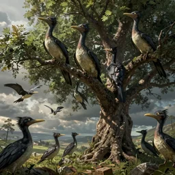 a flock of pterodon sitting in a tree, paleo art, realistic, detailled, epic