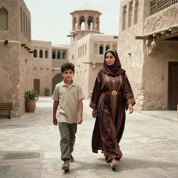 color film still of a boy and a woman walking in the arabian town, alien ( 1 9 8 4 ).