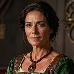 portrait of a female tavern wench, middle - age, dark short hair, tanned, beautiful, leather necklace, green dress, close - up, stunning, detailled, by luis royo, by pixar, by myazaki, game of thrones, gothic, final fantasy, fantasy, medieval