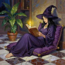 a pastel painting of a woman wizard lounging on a purpur pillow on the marbled checkered floor in her study room reading an ancient tome. to the side is a potted plant, candlelit raytracing. ancient oriental retrofuturistic fantasy setting. 4 k key art. by yoshitaka amano and mark tedin