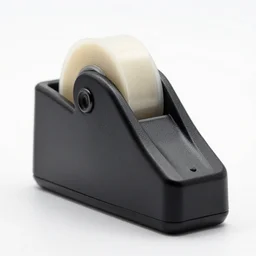 matte black tape dispenser, high detail macro photography, isolated on a pure white background, centered, entire object in frame, sharp focus, soft studio lighting
