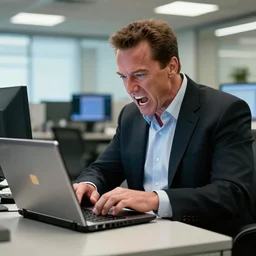 arnold schwarzenegger as conan the barbarian, as an office worker, in an office, inside an office building, sitting at a desk, shouting at a laptop, angry, laptop trouble, technical difficulties, software error, crisp lighting, studio lighting