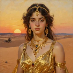 a young dejah thoris on mars wearing a gold dress, after a battle, closeup portrait, intricate gold jewelry, sand dunes to the horizon, sunset, oil painting on canvas, sargent, alphonse mucha