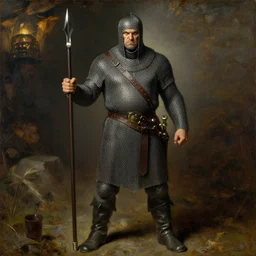orc warrior in chainmail scowling at viewer full body pre - raphaelite in the style of john william waterhouse oil painting