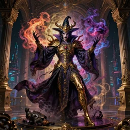 high fashion, beautiful portrait, evil powerful wizard mage, intricate colorful cosmic uncontrollable smoke magic battle, gold bloodborne, rococo baroque gothic oriental eastern victorian interior cyberpunk city vista, artstation, tyle of artgerm, andreas rocha, hiroshi nagai