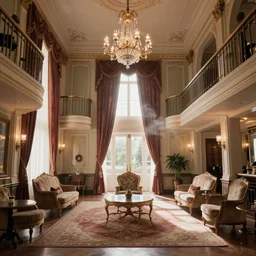 luxury interior of a victorian hotel volumetric light morning cinematic photo, - h 7 6 8 - w 1 0 2 4