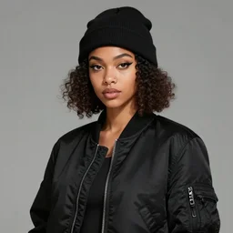 character concept art of a mixed woman with a septum piercing, short curly hair, winged eyeliner, black beanie, black bomber jacket, trending on artstation