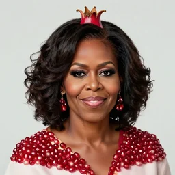 portrait photo of a pomegranate in the shape of michelle obama, pomegranate with michelle obama's face, smiling softly, sharp detailed face, clear sharp facial features, medium shot, highly detailed, artstation, 8 k