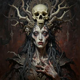a hiper intricate oil portrait of a zombie godess, ornate bone headpiece, excelent composition, wide shot, by zdzislaw beksinski, intricate, horror atmosphere, unreal engine 5 highly rendered, global illumination
