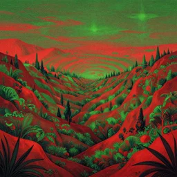psychedelic landscape, red and green tones, drawn by james r. eads, high detailed, centered, depth effect, concept art, trending on artstation