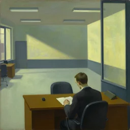 painting of a lonely man sitting at his desk in an empty, huge office, in the style of edward hopper, very detailed face