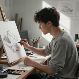 an artist struggling in his studio to obtain better results than an artificial intelligence