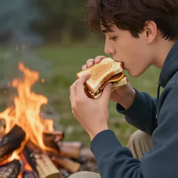 a smore sandwich eating a person by a campfire