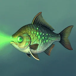 a radioactive sheatfish. green radiation emerging from his eyes and through the scales. rossdraws, ilya kuvshinov. maya, engine, matte painting, stylized background