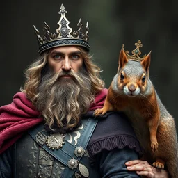 male king arthur and his squirrel wife, photo, man wearing crown
