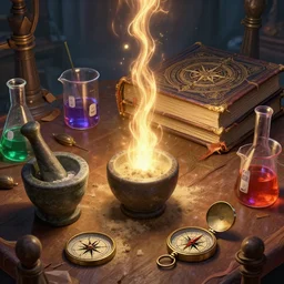 cluttered, table, wizards laboratory, greg rutkowski, mortar, pestle, magic powder, compass, stream of flowing light, imposing magic book, beakers of colored liquid, tony sart