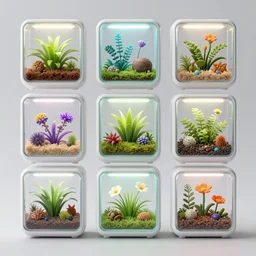 composition of nine square boxes with different microbionts, diorama, front view, light mode, led lamps, coral reef, octane render, unreal engine 5, 8 k