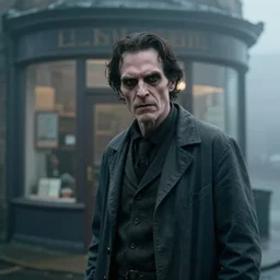 an ultra realistic cinematic headshot portrait of an evil scientist, stood outside a corner shop, foggy, detailed, deep focus, movie still, dramatic lighting, by fay godwin
