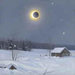 a snowy landscape in the middle of a blizzard with a solar eclipse in the background. featured on art station. landscape painting.