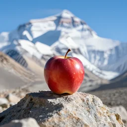 an apple is sitting on the peak of mount everest, clear focus, bokeh effect, high res